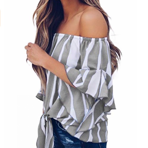 Striped Off Shoulder Bell Sleeve Shirt Tie Knot - Picture 2 of 3